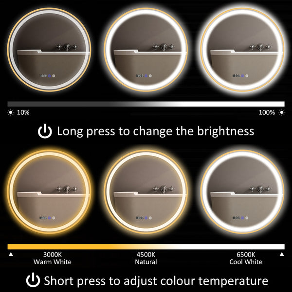 Round bathroom mirror with LED lighting with anti-fog coating, gold