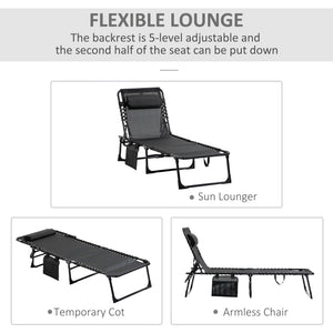 Chaise longue pliante avec dossier réglable et coussin amovible, noir