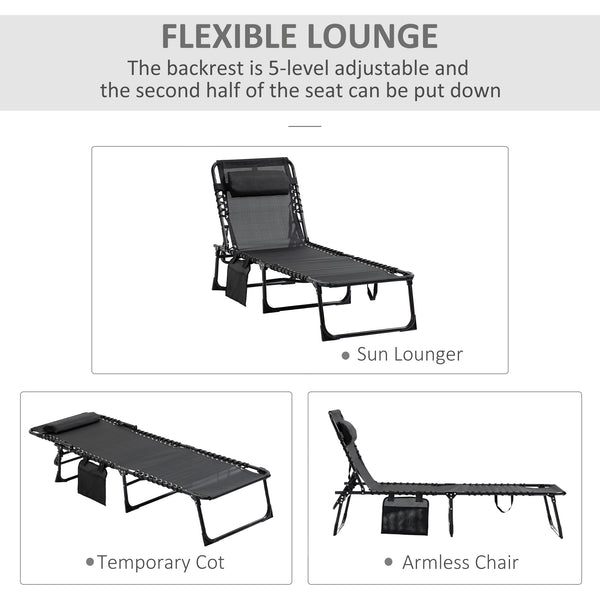 Chaise longue pliante avec dossier réglable et coussin amovible, noir