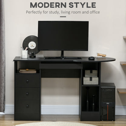Bureau d'ordinateur avec étagères et tiroirs, plateau pour clavier, noir