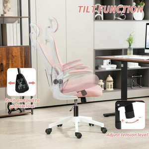 High-back mesh office chair with swivel headrest, pink