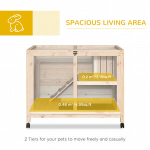 Indoor Rabbit Hutch with Wheels, Bunny Cage Guinea Pig House W/ Top Access, Ramp, Pull Out Tray, Natural Wood