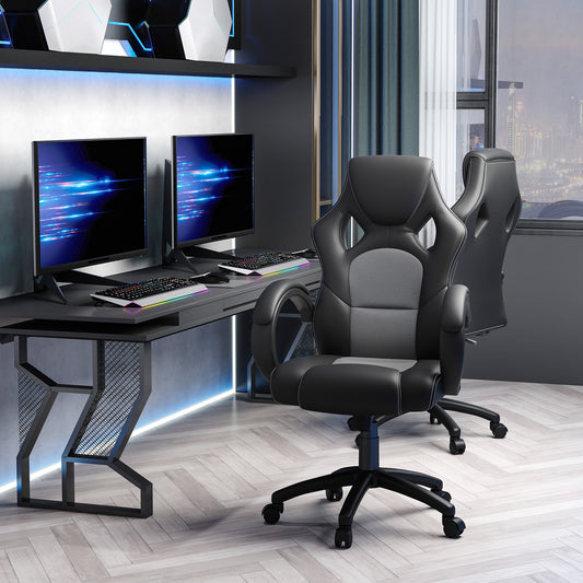 Racing Gaming Office Chair with Swivel Casters, Padded Headrest and Tilt Function, Grey