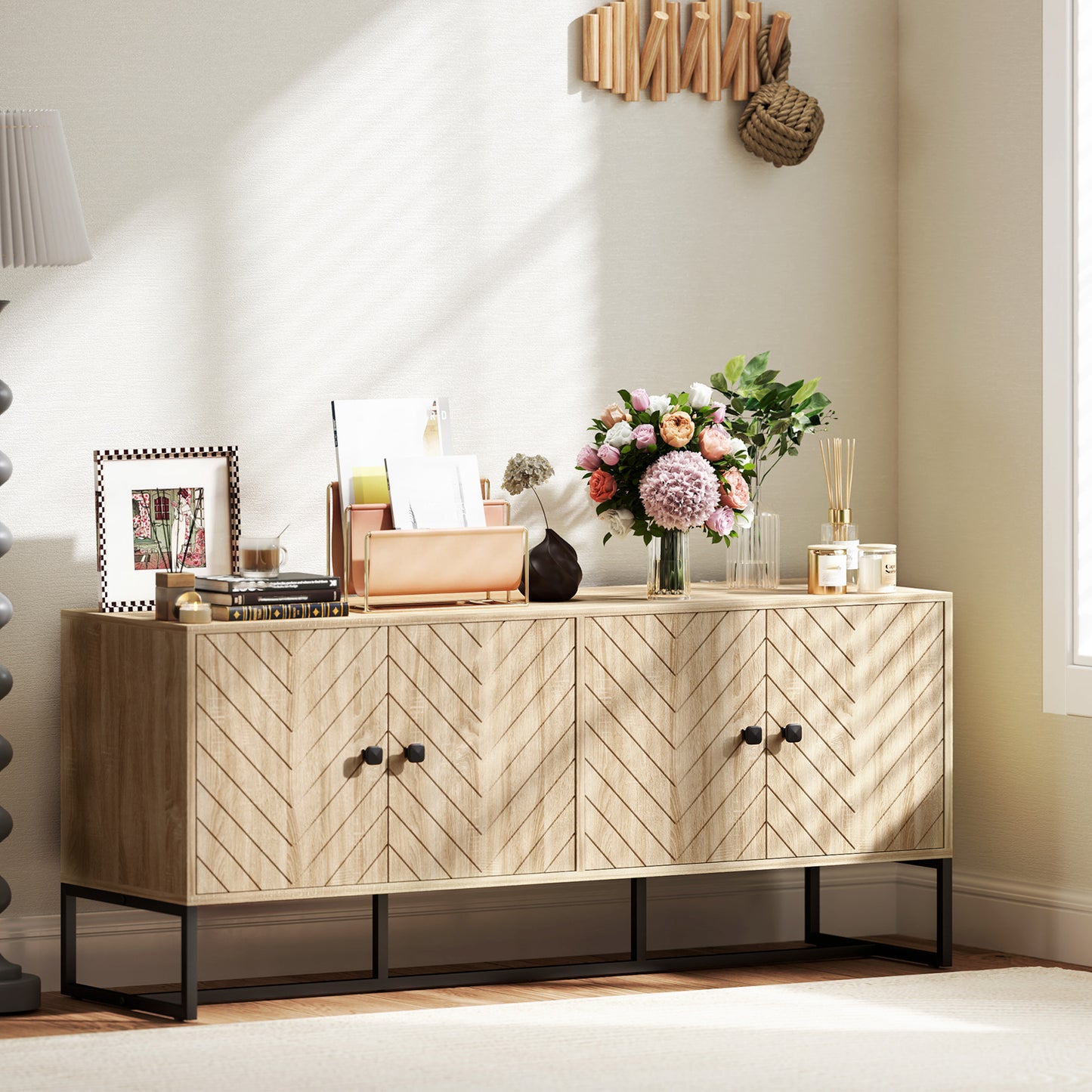 HOMCOM sideboard with 2 adjustable shelves and steel base, TV cabinet, bar cabinet for living room, oak