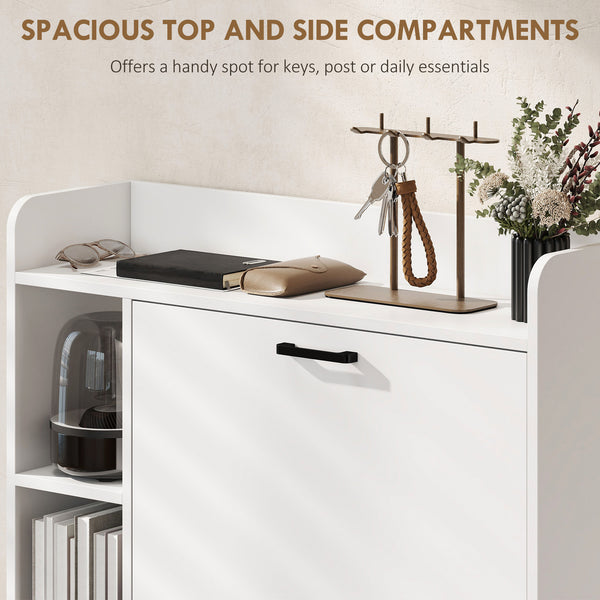Meuble à chaussures étroit avec 2 tiroirs basculants et rangements latéraux, blanc
