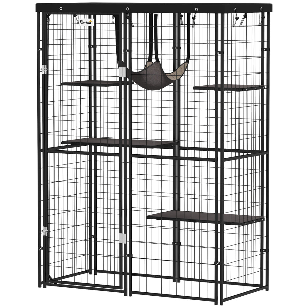 Metal cat cage with waterproof cover, hammock, washable cushions, black