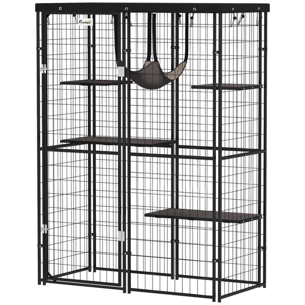 Metal cat cage with waterproof cover, hammock, washable cushions, black