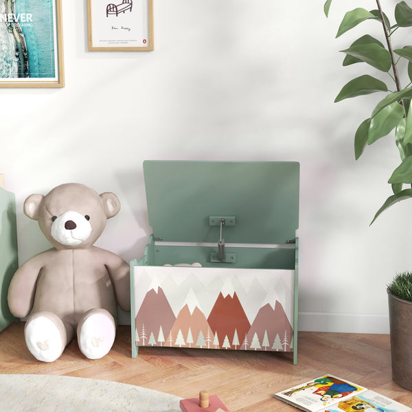 Children's toy box with lid, safety hinges and grooved handles, green