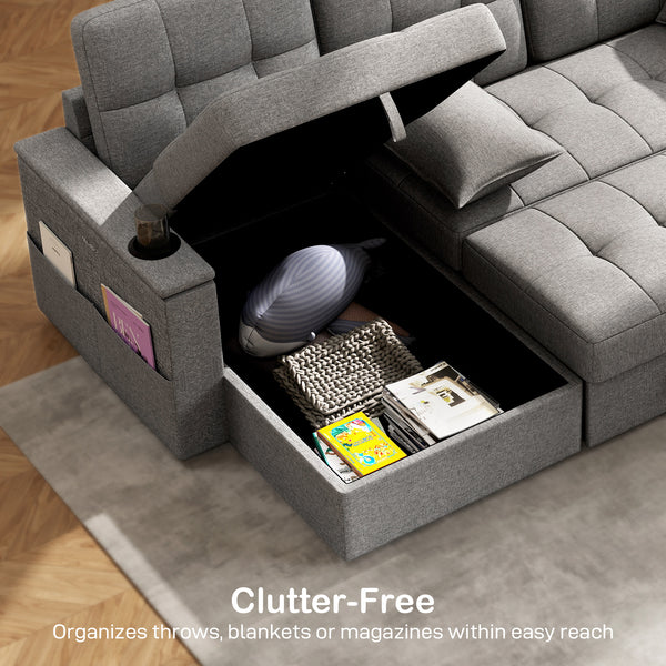 Canapé-lit sectionnel convertible avec port USB-A+C, gris