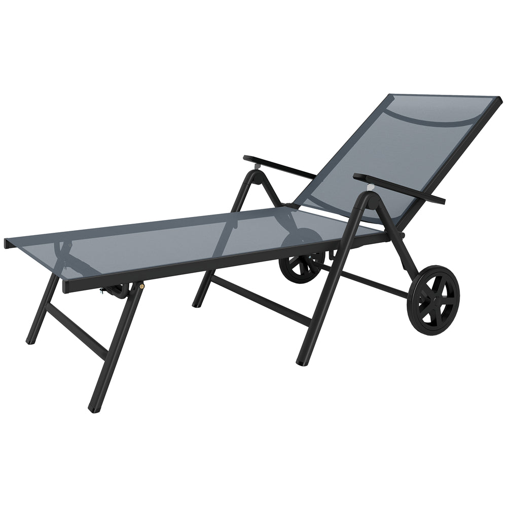 Chaise longue d'extérieur réglable sur 5 niveaux avec 2 roulettes, gris