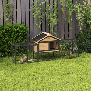 Outdoor hutch with run, removable plastic tray, asphalt roof and access ramp