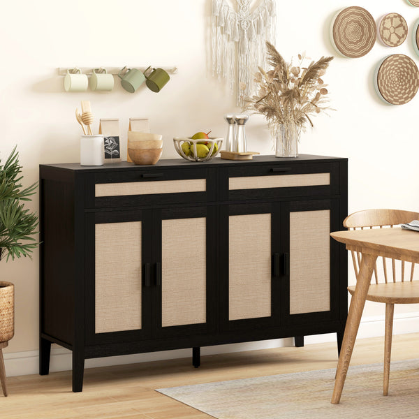 Buffet de style bohème, avec portes et tiroirs décoratifs en rotin, noir.