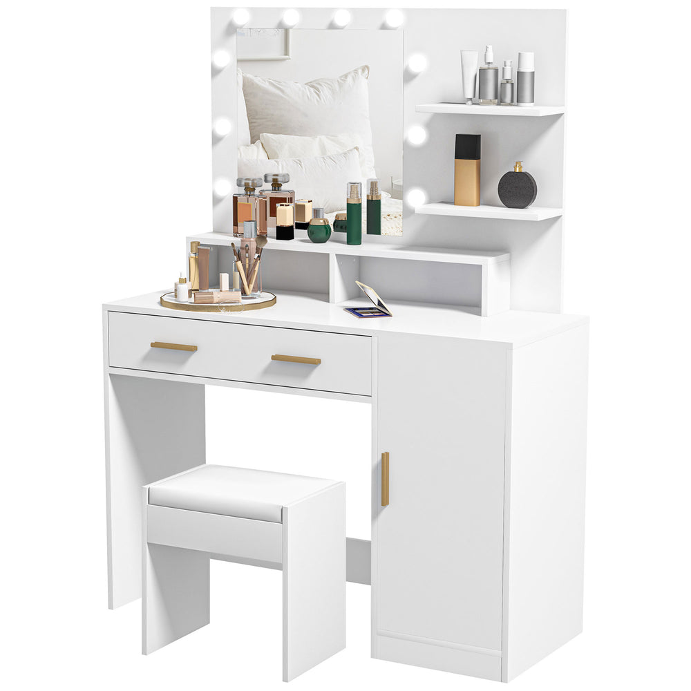 Coiffeuse lumineuse à LED avec tabouret, tiroir et étagères, blanche