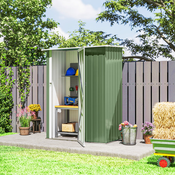 Abri de jardin en métal avec toit incliné et porte verrouillable pour outils, vert clair