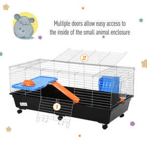 Cage à roulettes 47" avec une gamelle, un biberon et une rampe d'accès