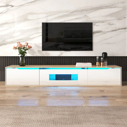 Meuble TV brillant avec éclairage LED, design moderne et options de montage polyvalentes, blanc et bois