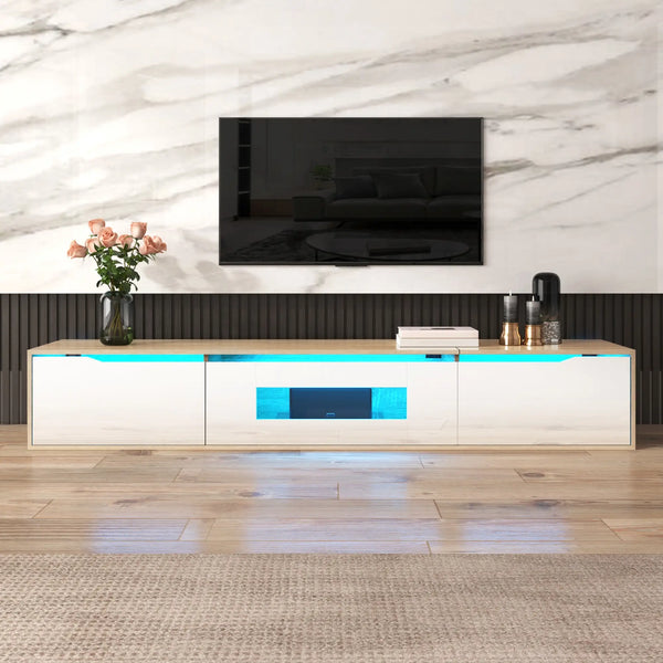 Meuble TV brillant avec éclairage LED, design moderne et options de montage polyvalentes, blanc et bois