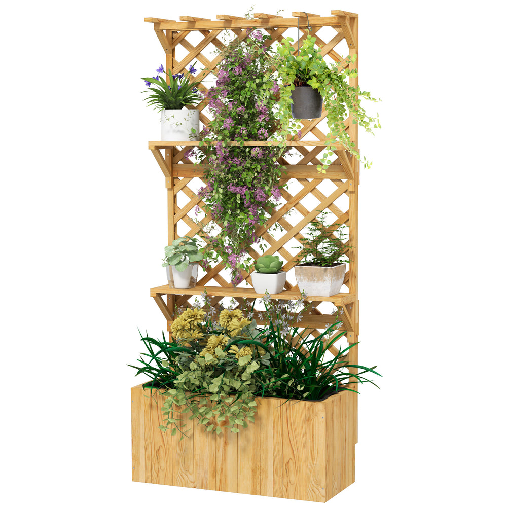 Raised planter with trellis, natural wood