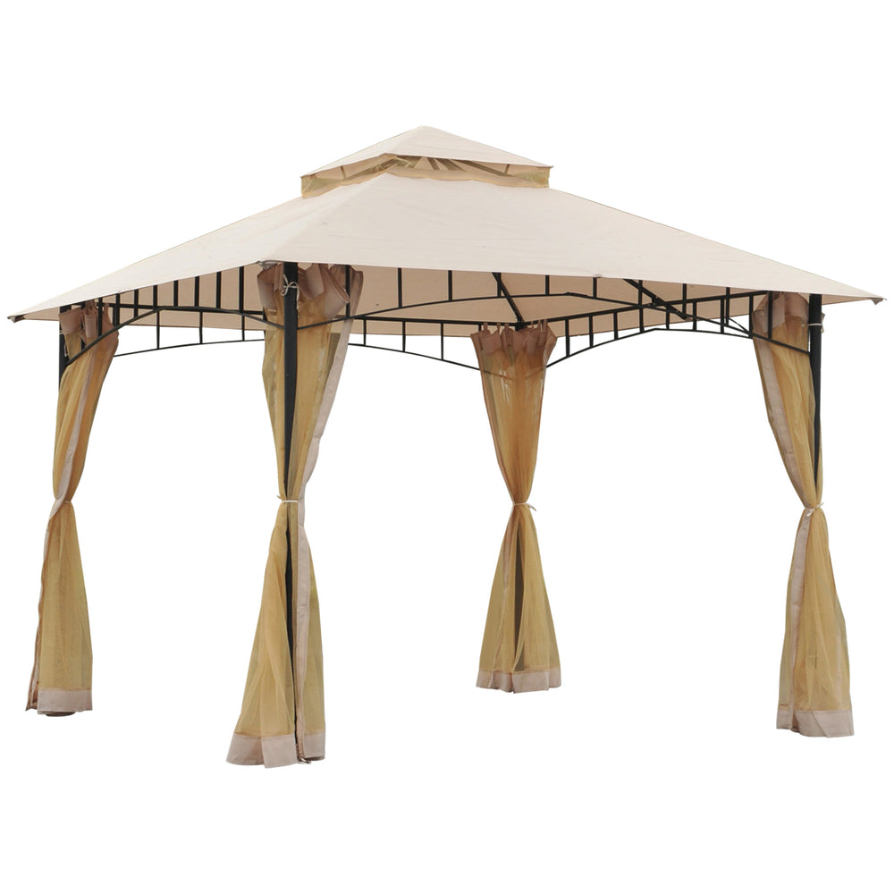 Gazebo 10 x 10 avec structure métallique et parois latérales en maille, beige