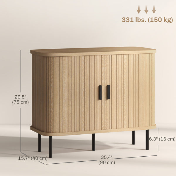Buffet nordique avec portes tambour à lattes et pieds en métal, chêne