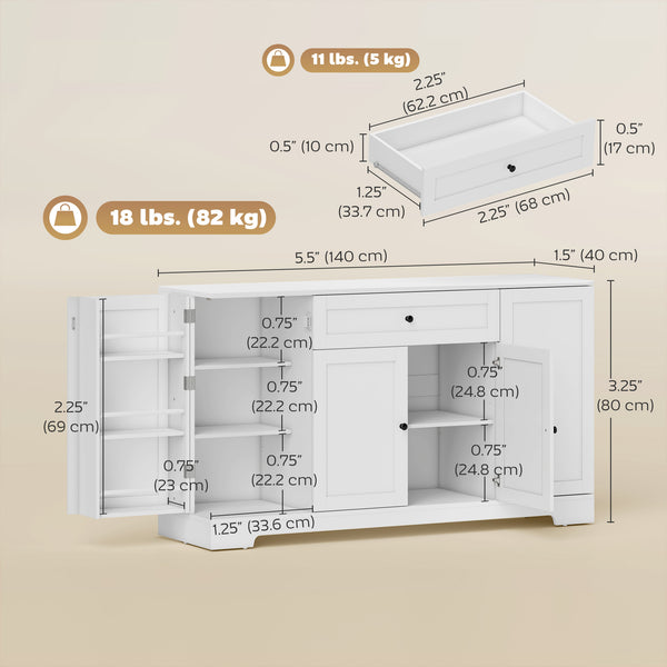 Modern kitchen storage cabinet with drawer, adjustable shelves with door supports, white