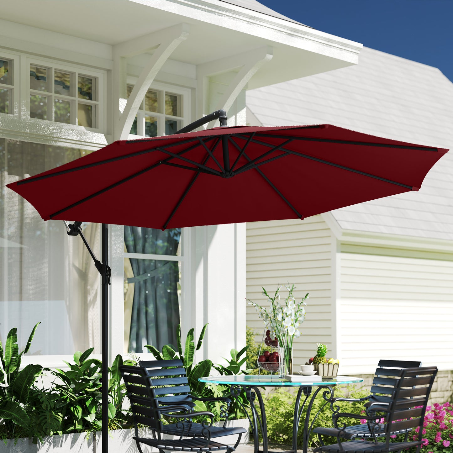 Outsunny 3m Hanging Garden Umbrella, Cantilever, Banana, with Base and Crank, Wine Red