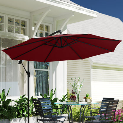 Outsunny 3m Hanging Garden Umbrella, Cantilever, Banana, with Base and Crank, Wine Red