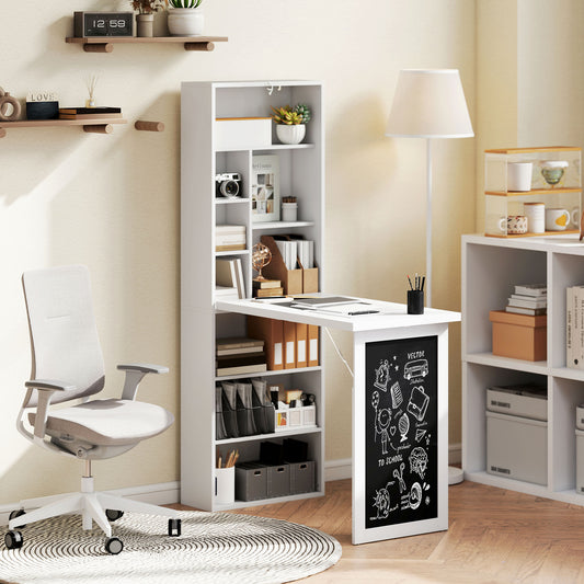 Bureau d'ordinateur mural pliable et convertible avec tableau noir et étagère latérale, blanc