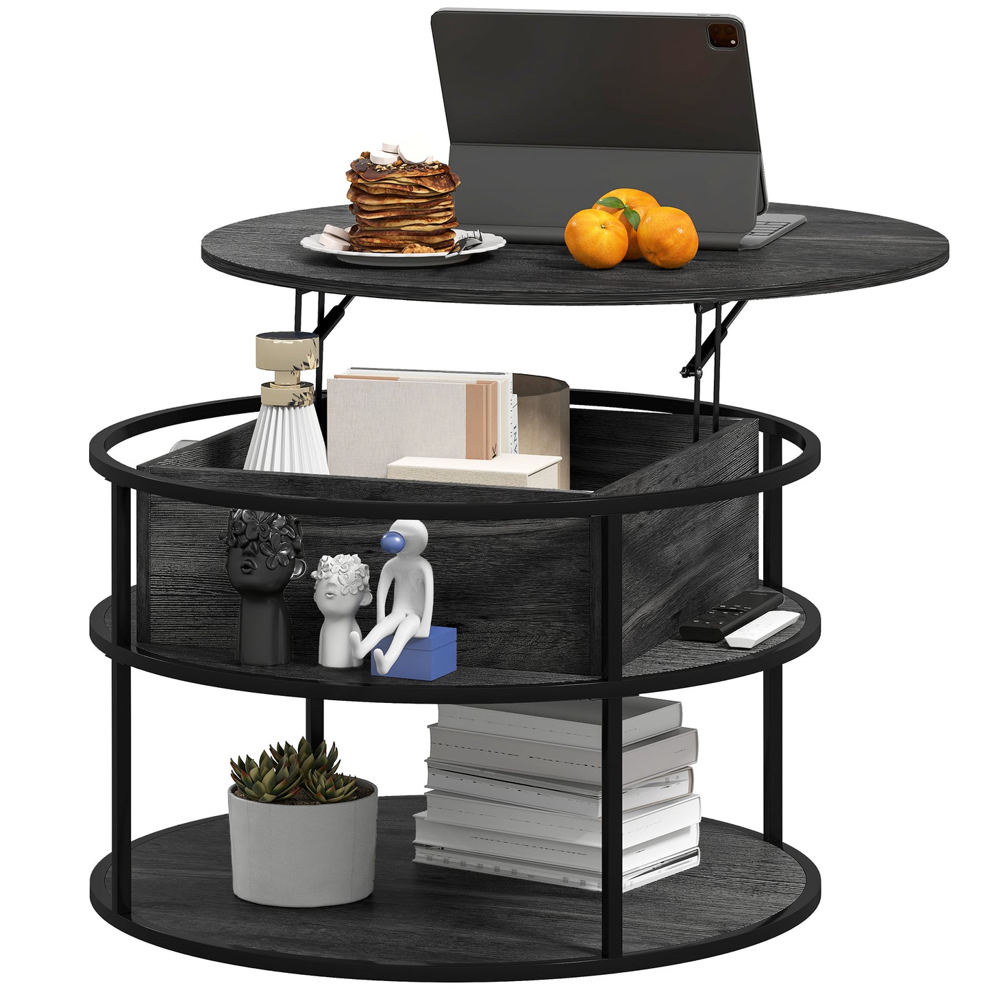 Table basse ronde avec étagère de rangement, compartiment caché et structure en acier, gris foncé vieilli