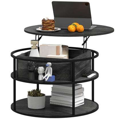 Table basse ronde avec étagère de rangement, compartiment caché et structure en acier, gris foncé vieilli