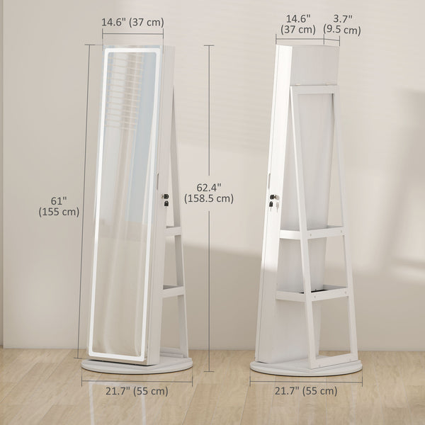 Armoire à bijoux avec miroir verrouillable sur toute la longueur, avec LED, blanc