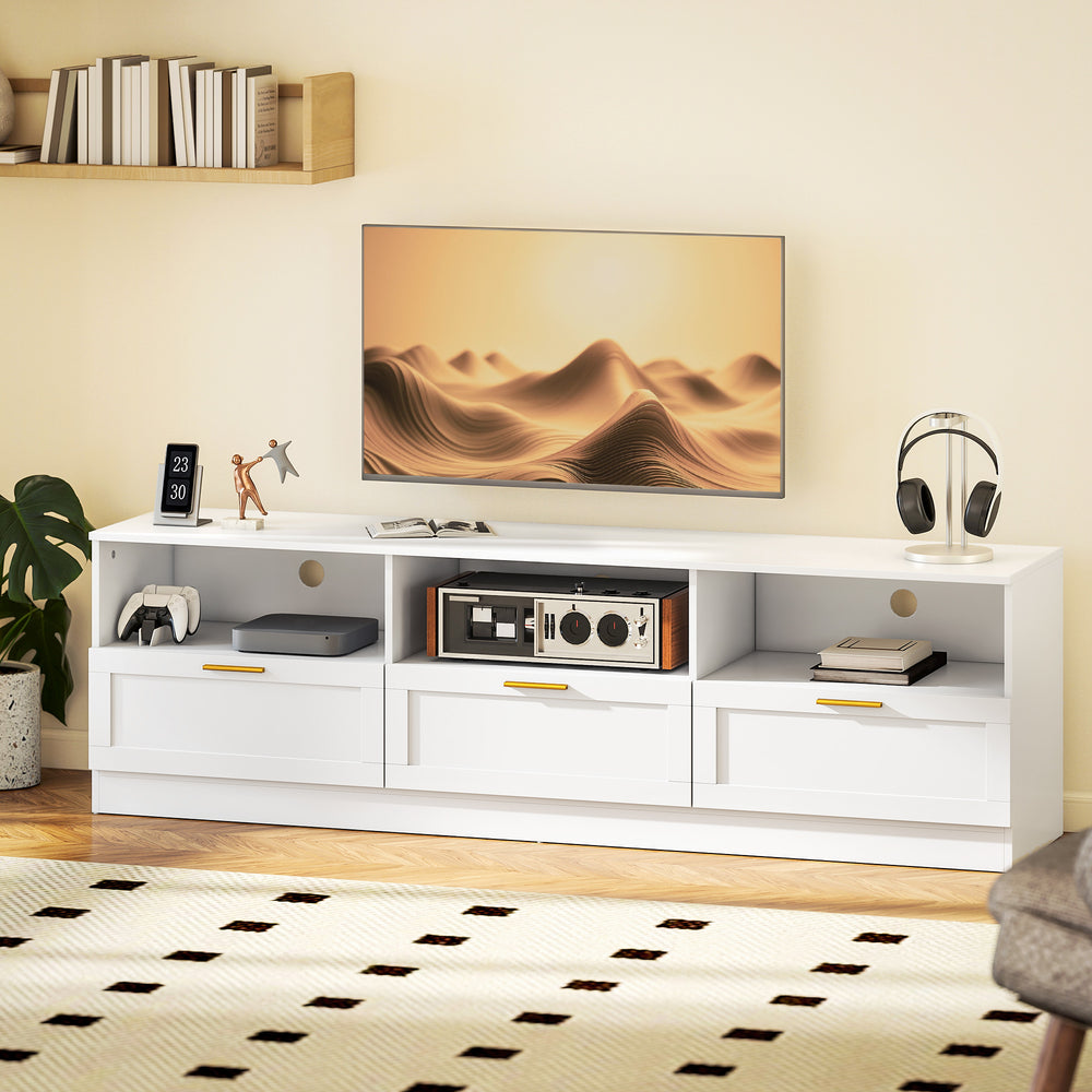 Meuble TV avec 3 armoires et 3 étagères ouvertes, pour téléviseurs jusqu'à 85 pouces, blanc