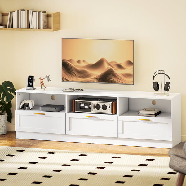 Meuble TV avec 3 armoires et 3 étagères ouvertes, pour téléviseurs jusqu'à 85 pouces, blanc