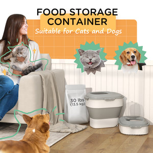 Foldable pet food storage container with airtight lid, grey