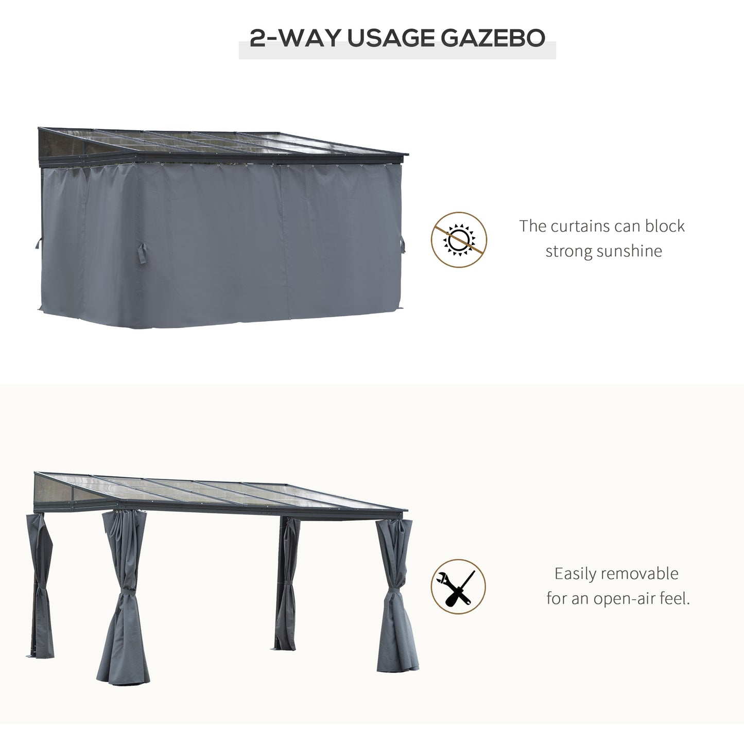 Pergola à toit rigide 10' x 13' avec toit en polycarbonate et rideaux, gris