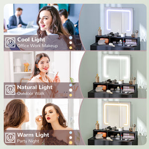 Coiffeuse avec éclairage LED, tiroirs et compartiments, noire