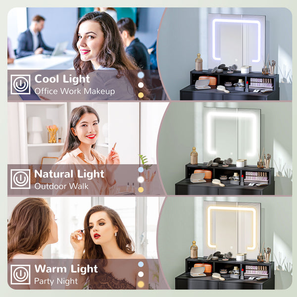 Coiffeuse avec éclairage LED, tiroirs et compartiments, noire