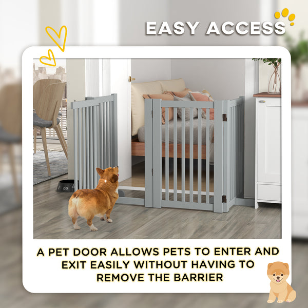 Freestanding 4-panel wooden barrier with opening gate, light grey