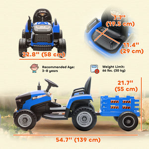 Tracteur 12 V bleu avec remorque, télécommande, musique, lumières, levier de vitesse