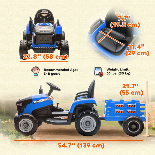 Tracteur 12 V bleu avec remorque, télécommande, musique, lumières, levier de vitesse