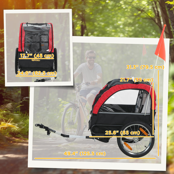 Remorque vélo enfant avec harnais 5 points, roues en caoutchouc 16 pouces, sac de rangement, à partir de 18 mois, rouge.