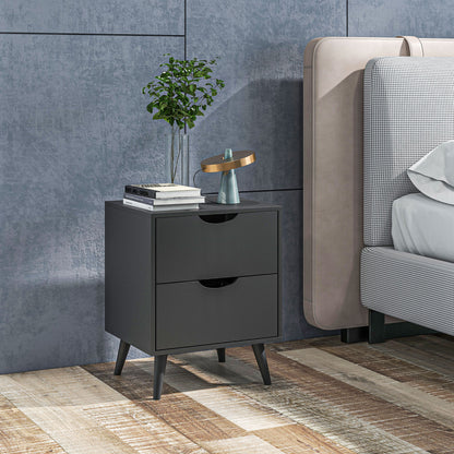 Table de chevet moderne avec 2 tiroirs et pieds en pin pour chambre et salon, noir