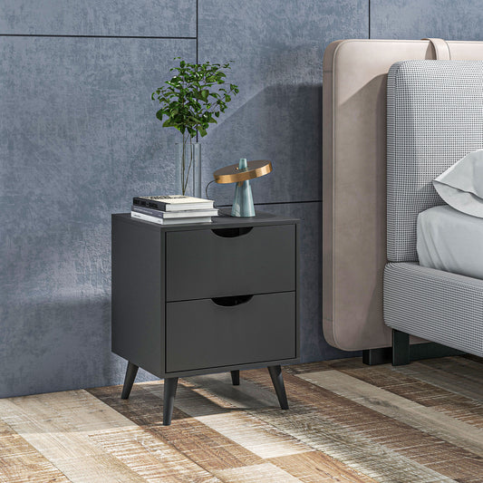 Table de chevet moderne avec 2 tiroirs et pieds en pin pour chambre et salon, noir