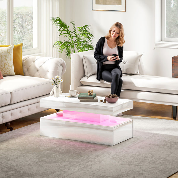 Table basse LED avec 2 tiroirs et étagère ouverte, blanc brillant