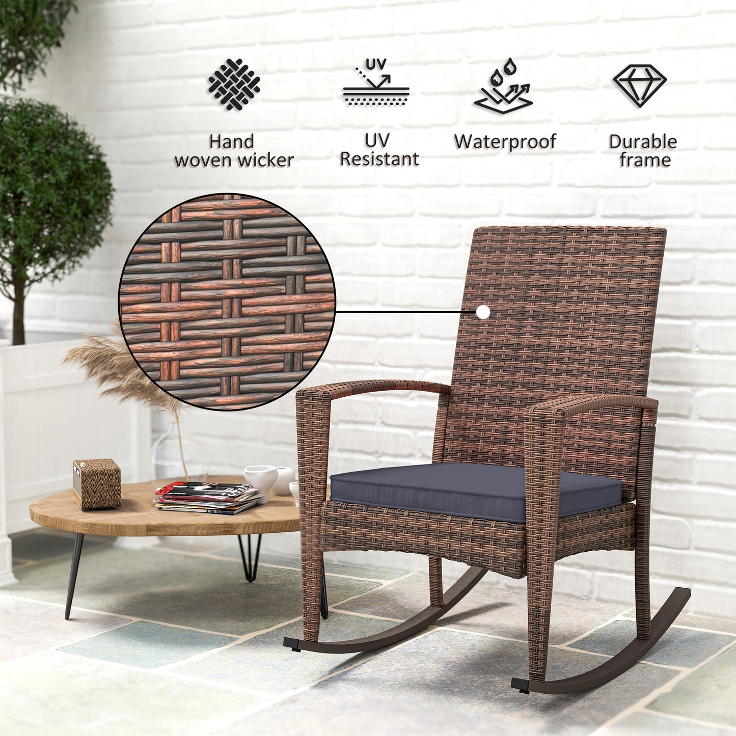 Fauteuil à bascule Outsunny Outdoor en rotin synthétique et coussin, bleu foncé