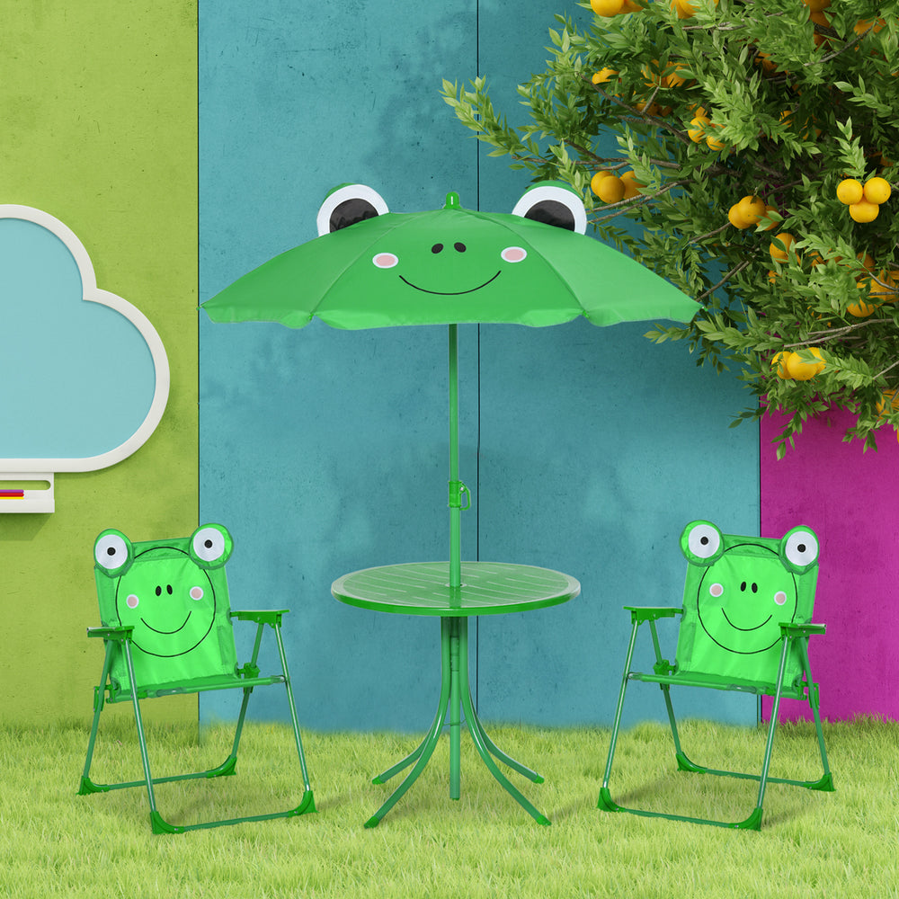Kids Folding Picnic Table and Chair Set Pattern Outdoor Garden Patio Backyard with Removable & Height Adjustable Sun Umbrella Green