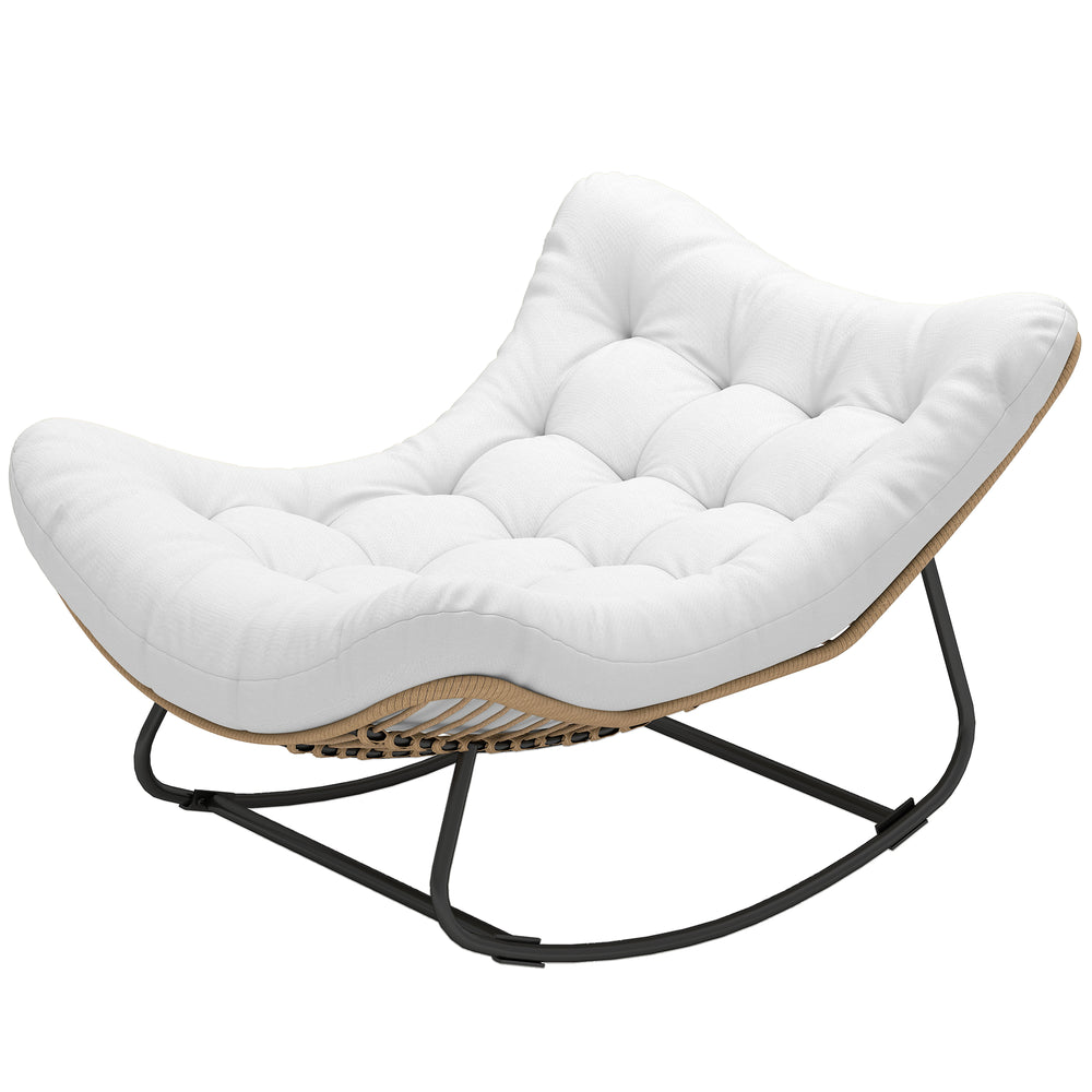 Oversized Rattan Patio Egg Chair, Outdoor Rocking Chair with Padded Cushion for Indoor, Porch, Cream White