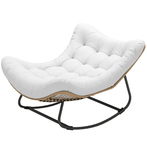 Oversized Rattan Patio Egg Chair, Outdoor Rocking Chair with Padded Cushion for Indoor, Porch, Cream White