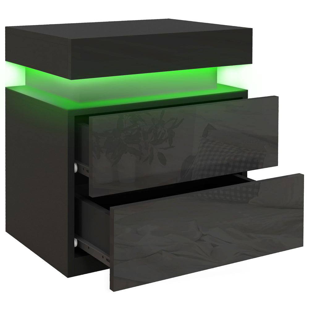 Table de chevet avec éclairage LED et 2 tiroirs, noire