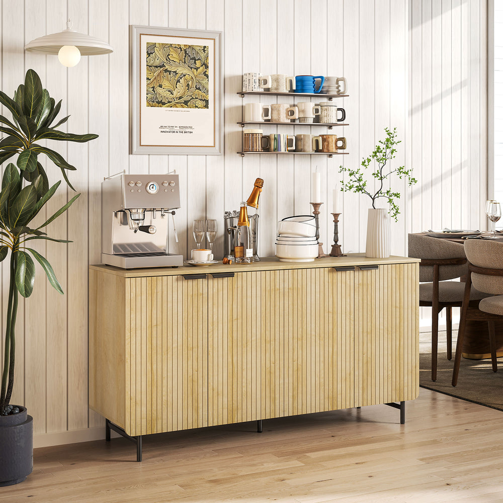 Meuble buffet cannelé avec étagères réglables, 5 pieds en métal pour cuisine et salon, bois naturel